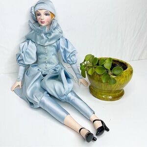 VINTAGE French Pierrot Porcelain Doll Powder Blue Art Deco Harlequin Clown